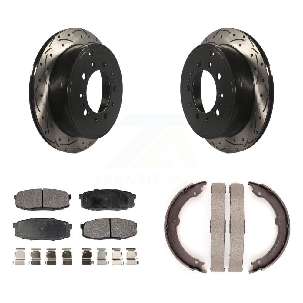 Rear Disc Drilled & Slotted Rotors Semi-Metallic Pads Parking Shoes Kit For Toyota Tundra KDF-101471