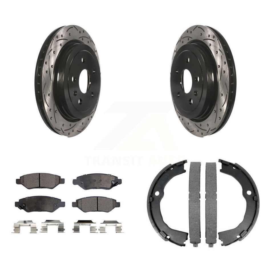 Rear Disc Drilled & Slotted Rotors Semi-Metallic Pads Parking Shoes Kit For Chevrolet CTS KDF-101473