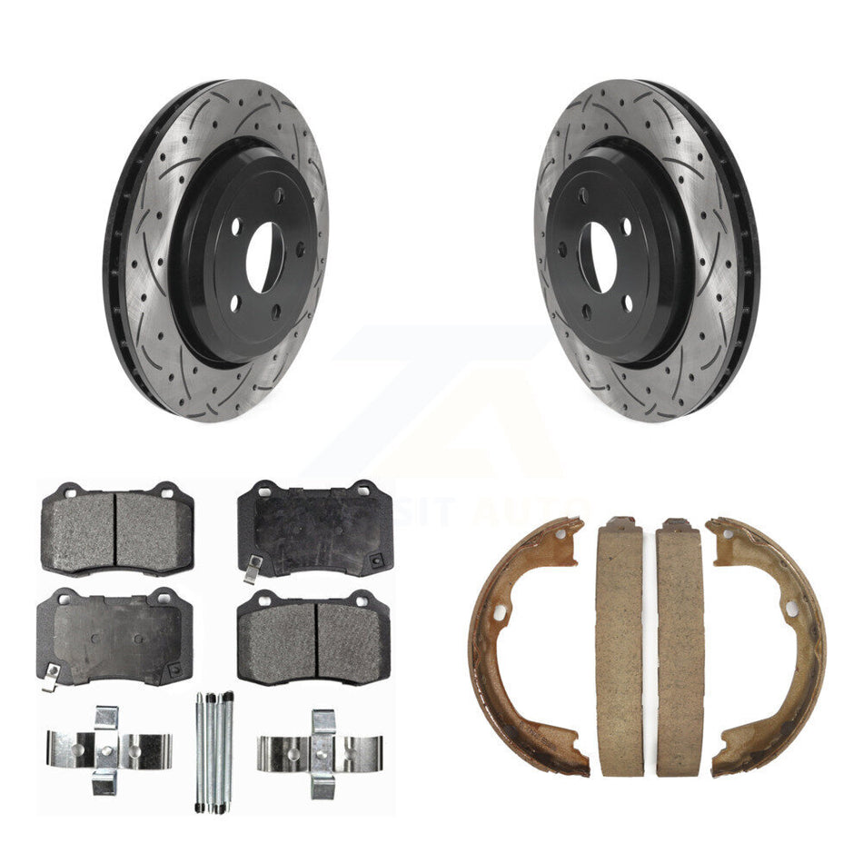 Rear Disc Drilled & Slotted Rotors Semi-Metallic Pads Parking Shoes Kit For Jeep Grand KDF-101474