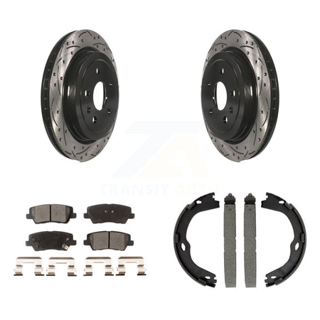 Rear Disc Drilled & Slotted Rotors Semi-Metallic Pads Parking Shoes Kit For Cadillac CTS KDF-101479