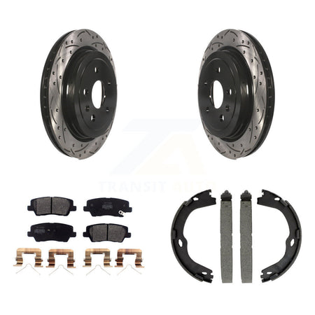Rear Disc Drilled & Slotted Rotors Semi-Metallic Pads Parking Shoes Kit For Cadillac CTS KDF-101480