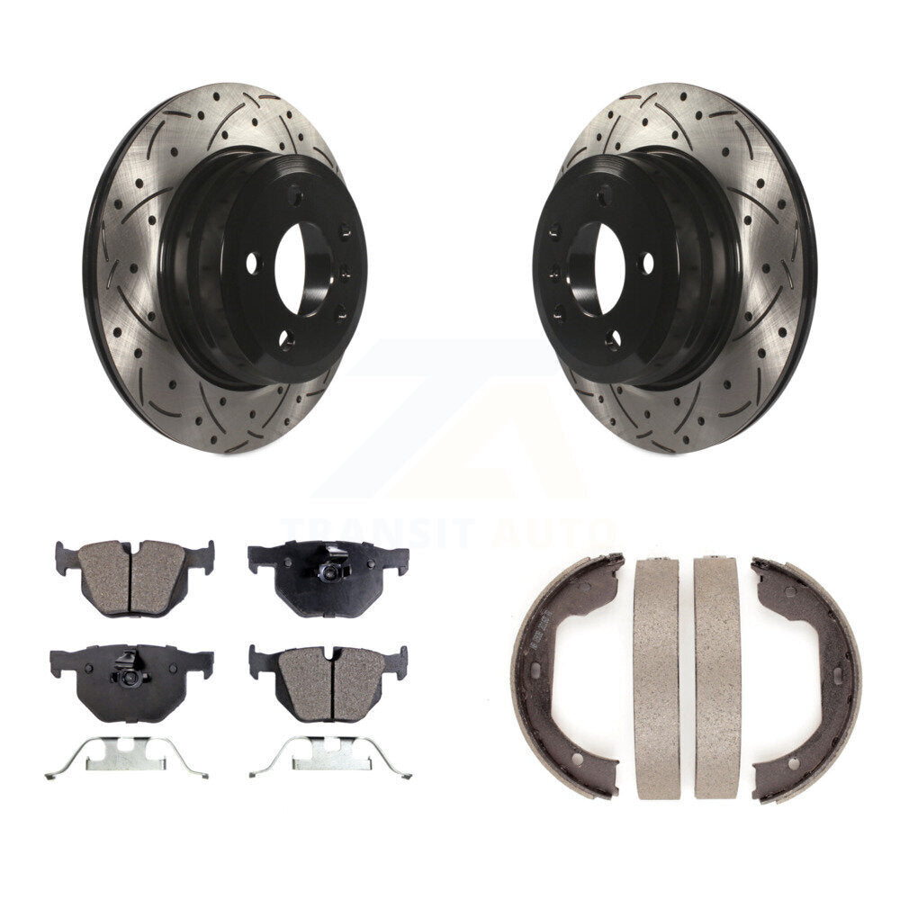 Rear Disc Drilled & Slotted Rotors Semi-Metallic Pads And Parking Shoes Kit For BMW X5 X6 KDF-101481
