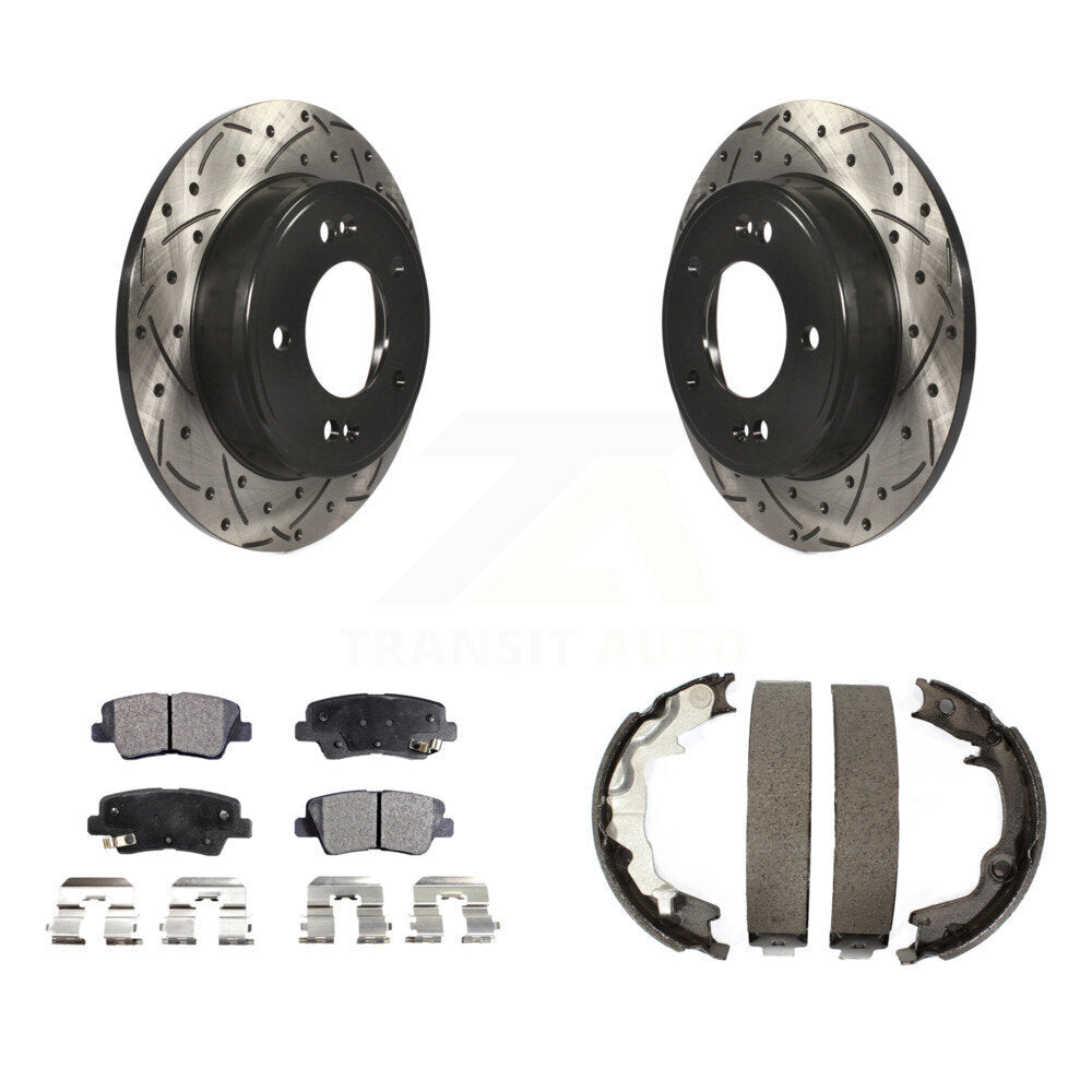 Rear Disc Drilled & Slotted Rotors Semi-Metallic Pads And Parking Shoes Kit For Kia Forte KDF-101482