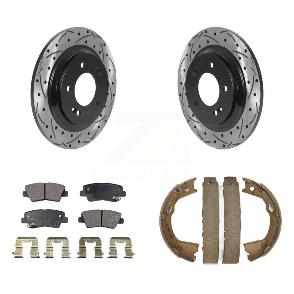 Rear Disc Drilled & Slotted Rotors Semi-Metallic Pads Parking Shoes Kit For Hyundai Azera KDF-101483