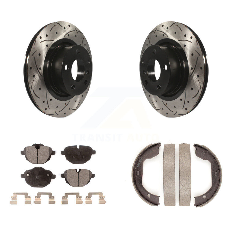 Rear Disc Drilled & Slotted Rotors Semi-Metallic Pads Parking Brake Shoes Kit For BMW X3 KDF-101487