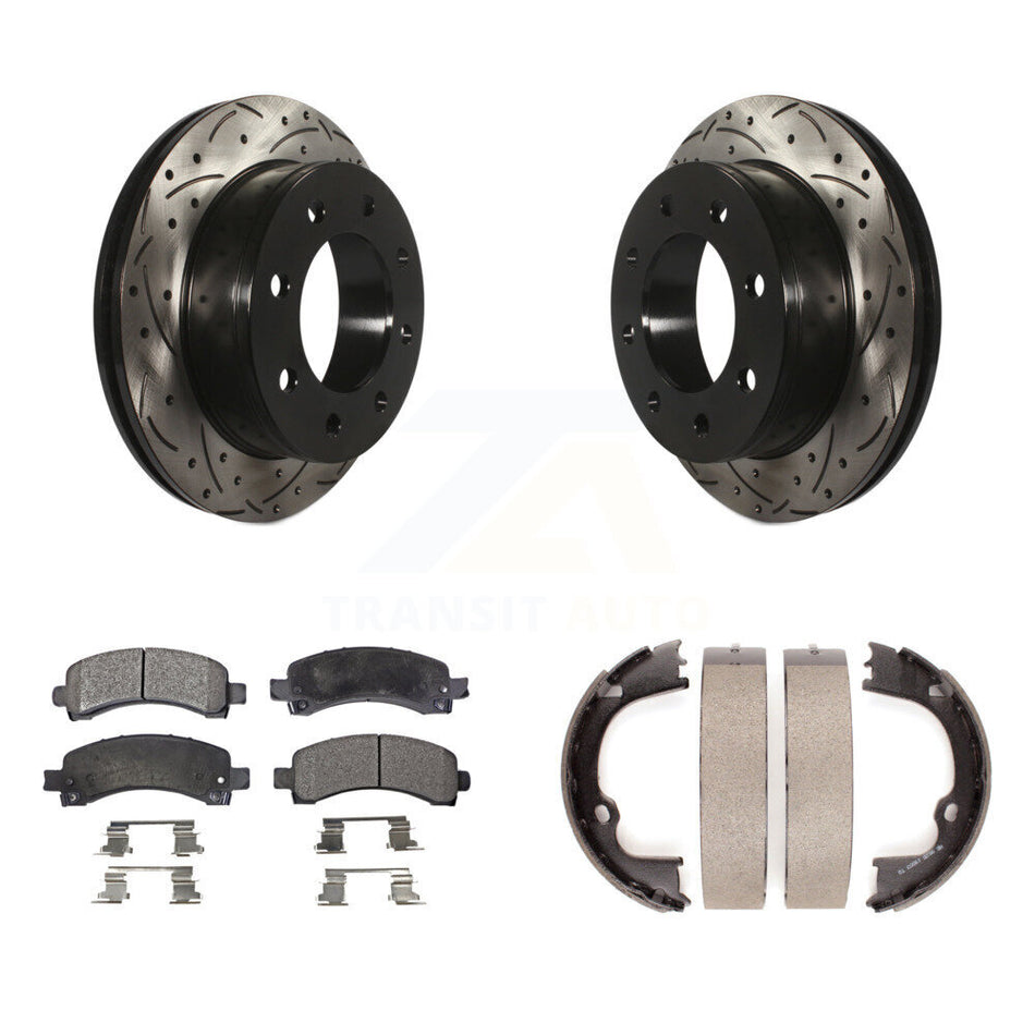 Rear Disc Drilled & Slotted Rotors Semi-Metallic Pads Parking Shoes Kit For Chevrolet GMC KDF-101489