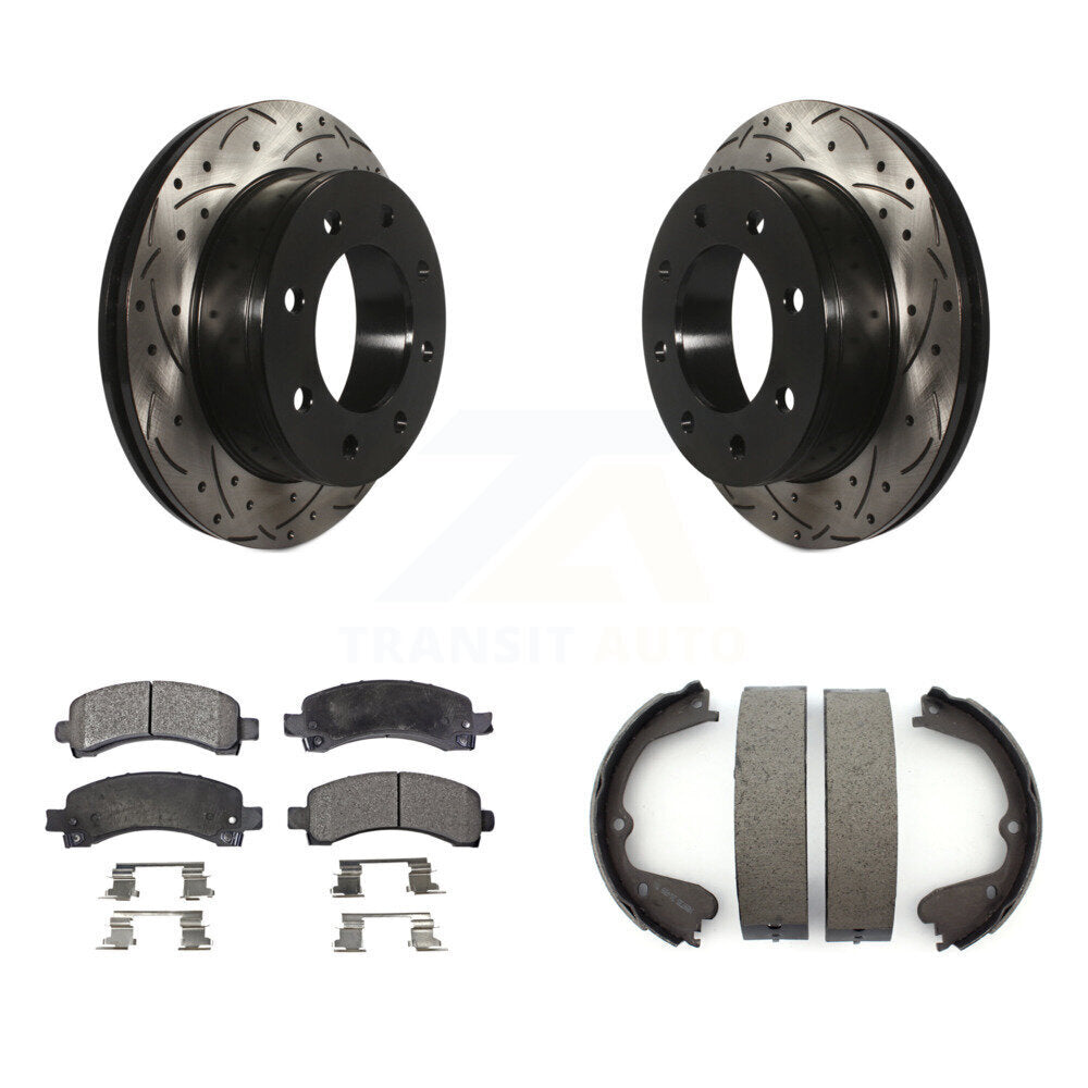 Rear Disc Drilled & Slotted Rotors Semi-Metallic Pads And Parking Brake Shoes Kit For KDF-101491