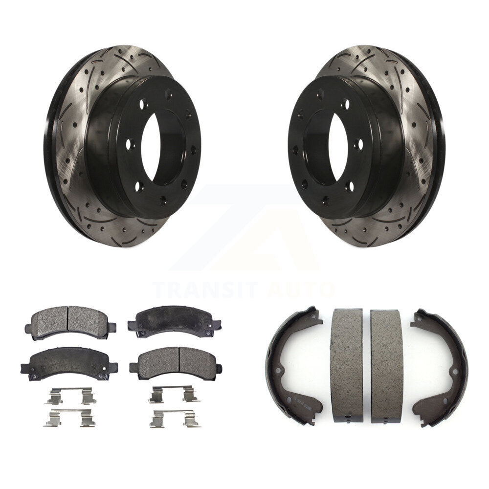 Rear Disc Drilled & Slotted Rotors Semi-Metallic Pads And Parking Brake Shoes Kit For KDF-101492