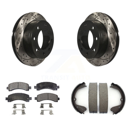 Rear Disc Drilled & Slotted Rotors Semi-Metallic Pads And Parking Brake Shoes Kit For KDF-101492