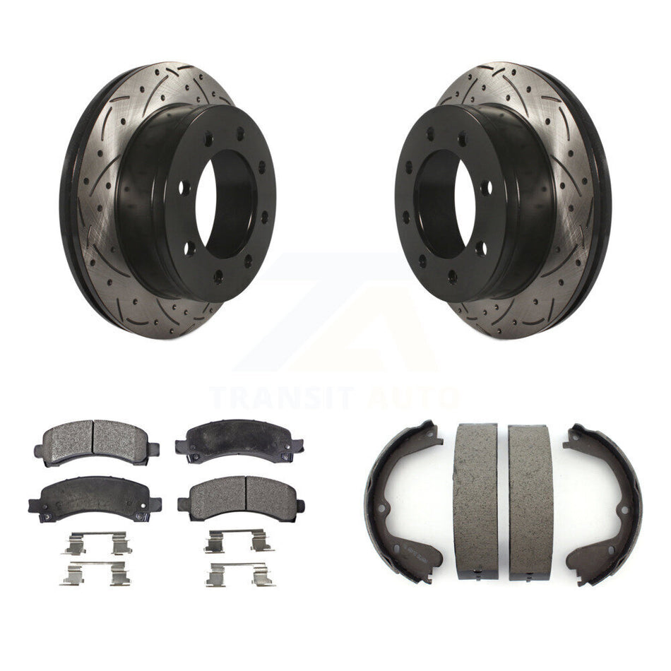 Rear Disc Drilled & Slotted Rotors Semi-Metallic Pads And Parking Brake Shoes Kit For KDF-101493