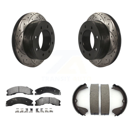 Rear Disc Drilled & Slotted Rotors Semi-Metallic Pads And Parking Brake Shoes Kit For KDF-101494