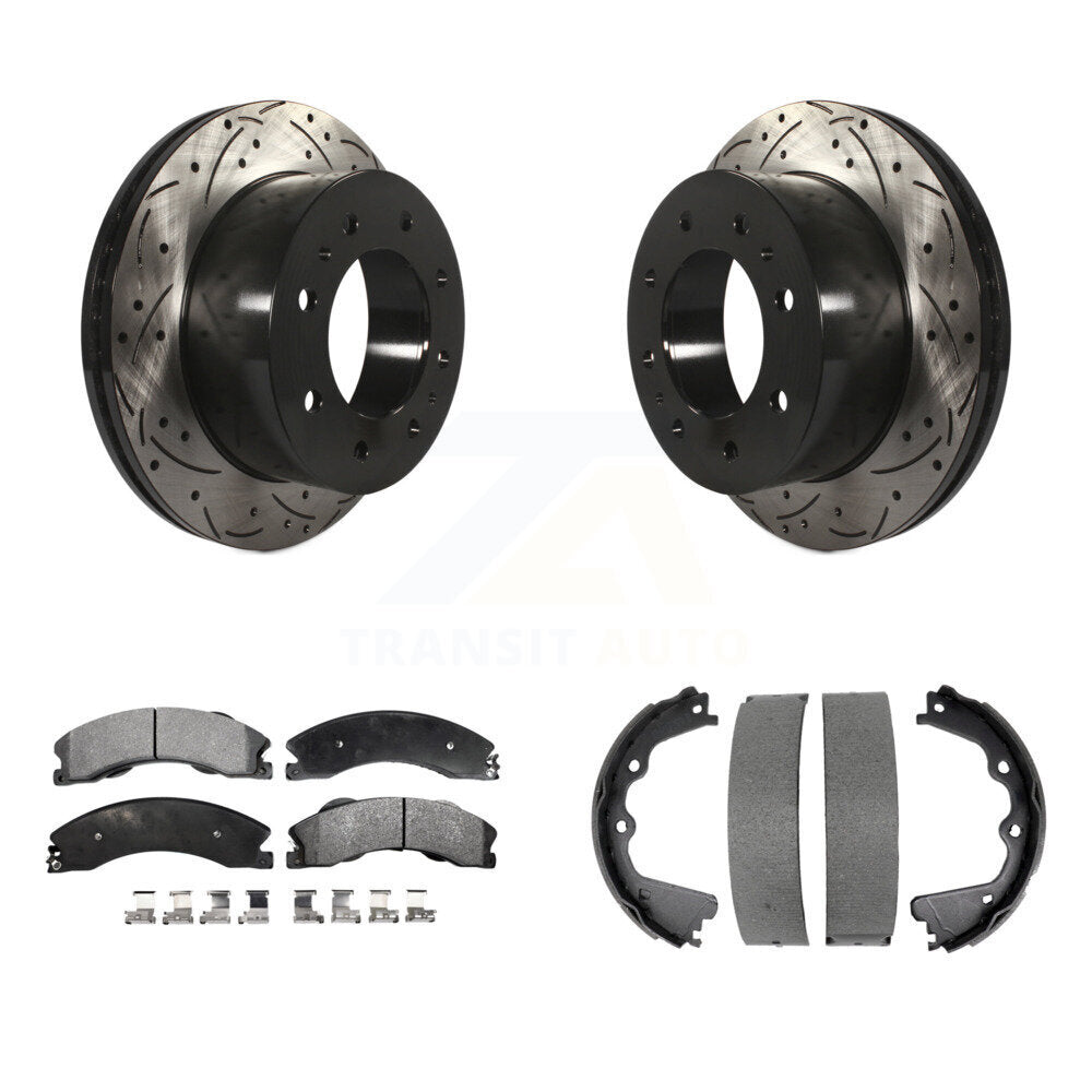 Rear Disc Drilled & Slotted Rotors Semi-Metallic Pads Parking Shoes Kit For GMC Sierra HD KDF-101495