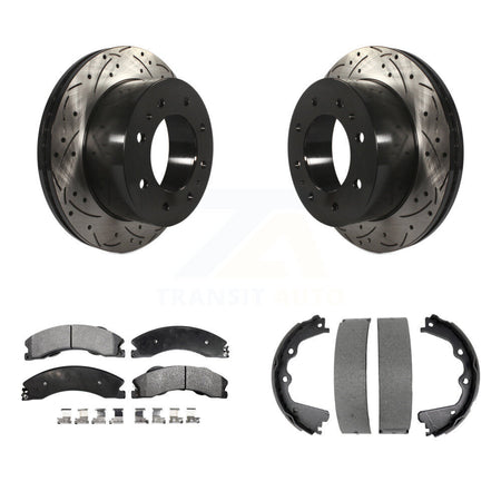 Rear Disc Drilled & Slotted Rotors Semi-Metallic Pads Parking Shoes Kit For GMC Sierra HD KDF-101495