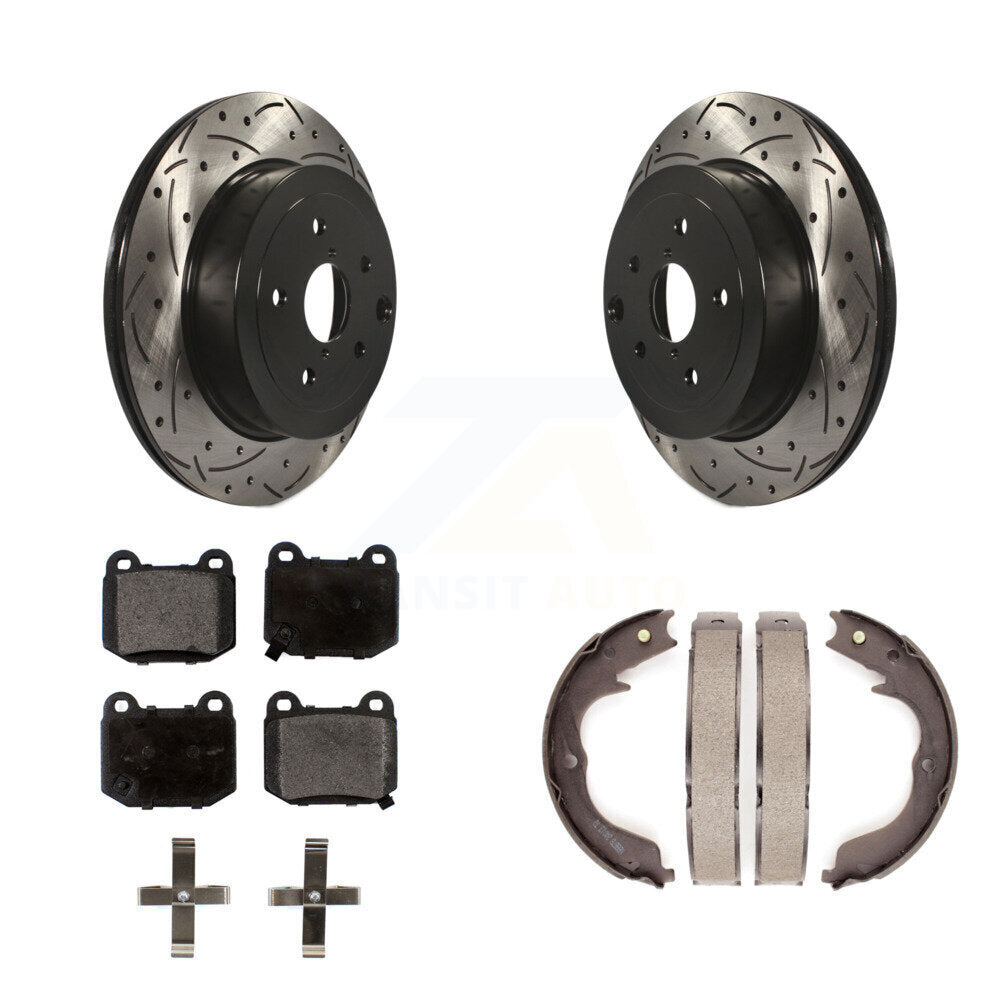 Rear Disc Drilled & Slotted Rotors Semi-Metallic Pads And Parking Brake Shoes Kit For KDF-101499