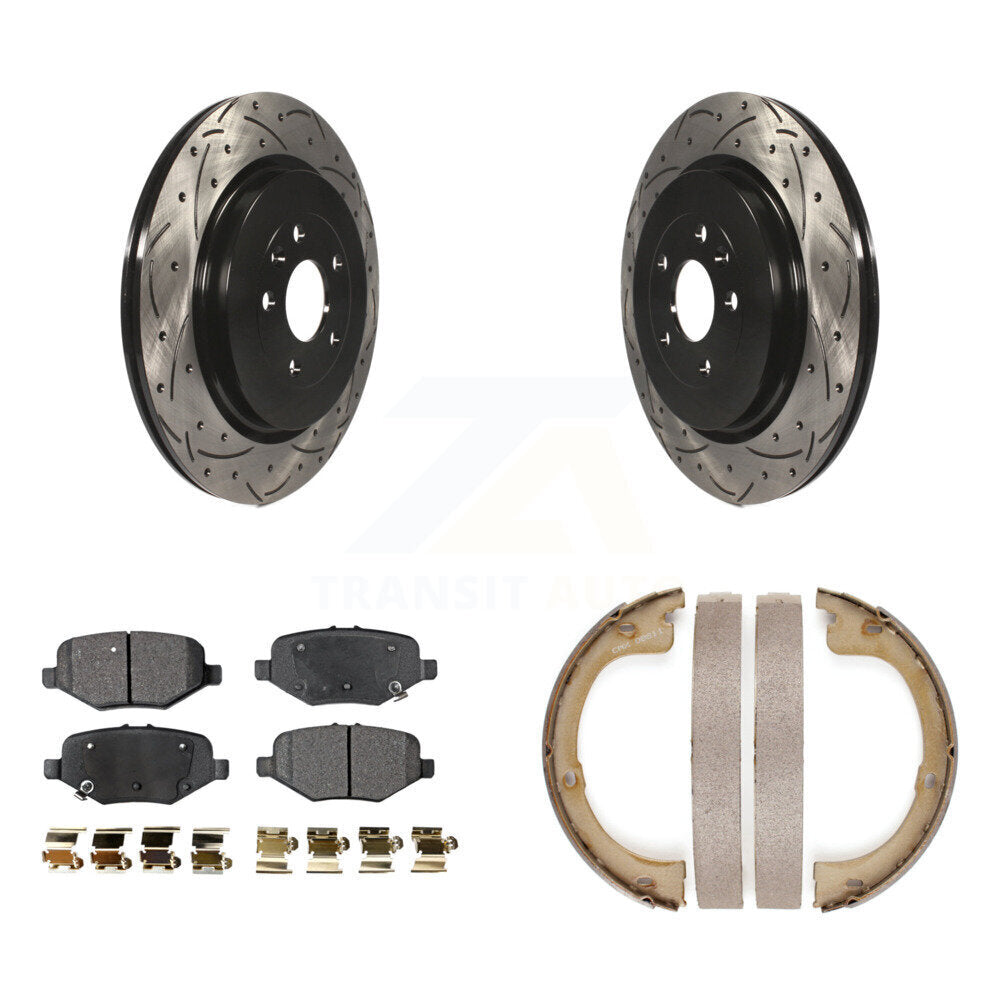 Rear Disc Drilled & Slotted Rotors Semi-Metallic Pads Parking Shoes Kit For Lincoln MKT KDF-101505
