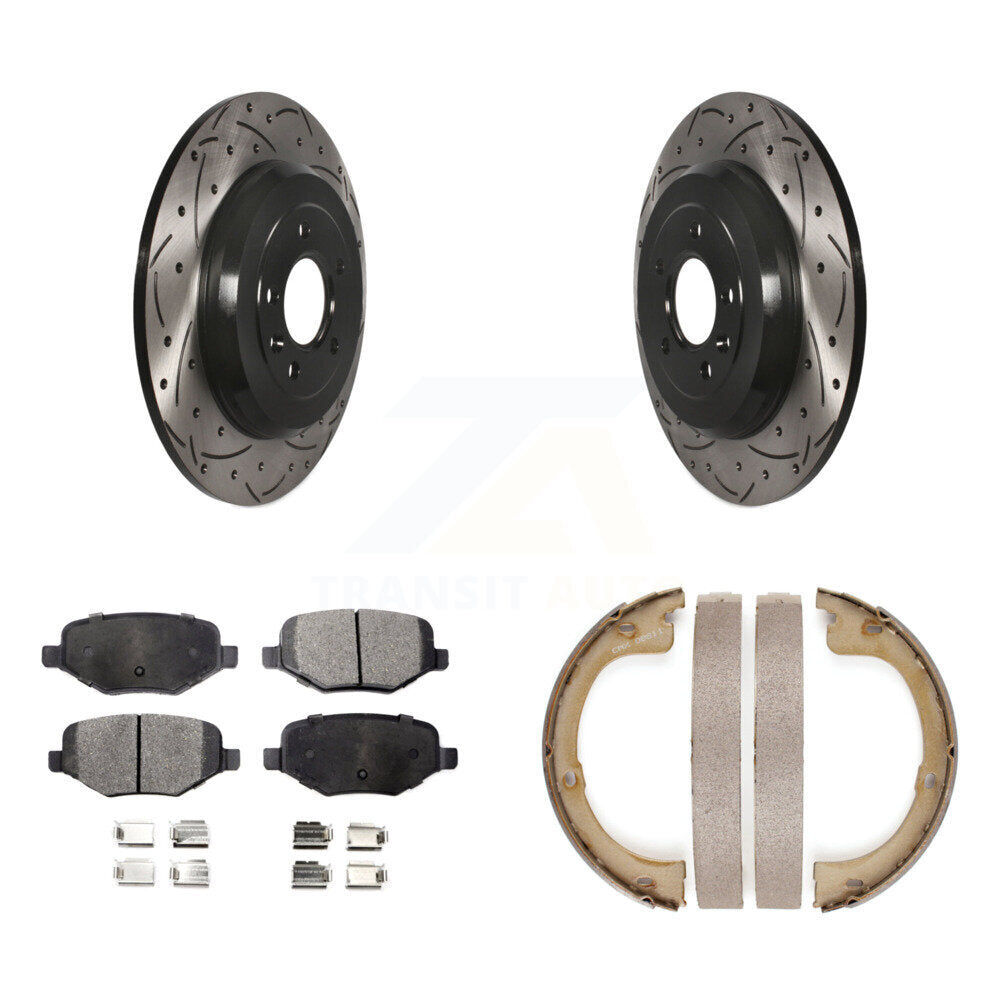 Rear Disc Drilled & Slotted Rotors Semi-Metallic Pads Parking Shoes Kit For Lincoln MKT KDF-101506