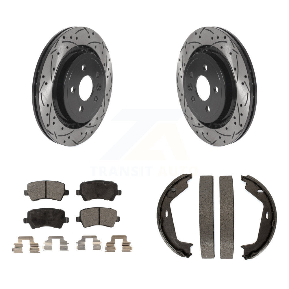 Rear Disc Drilled & Slotted Rotors Semi-Metallic Pads Parking Shoes Kit For Volvo S80 AWD KDF-101507