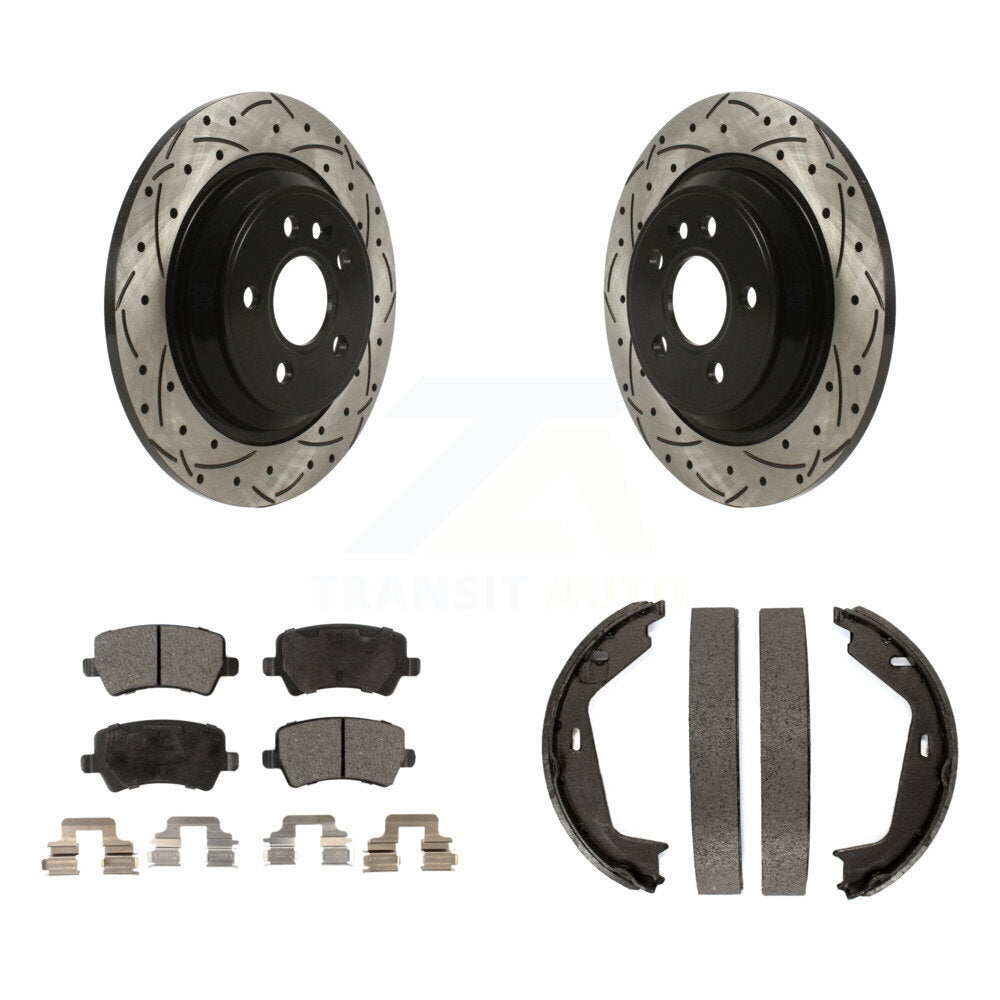 Rear Disc Drilled & Slotted Rotors Semi-Metallic Pads Parking Shoes Kit For Volvo S80 AWD KDF-101508