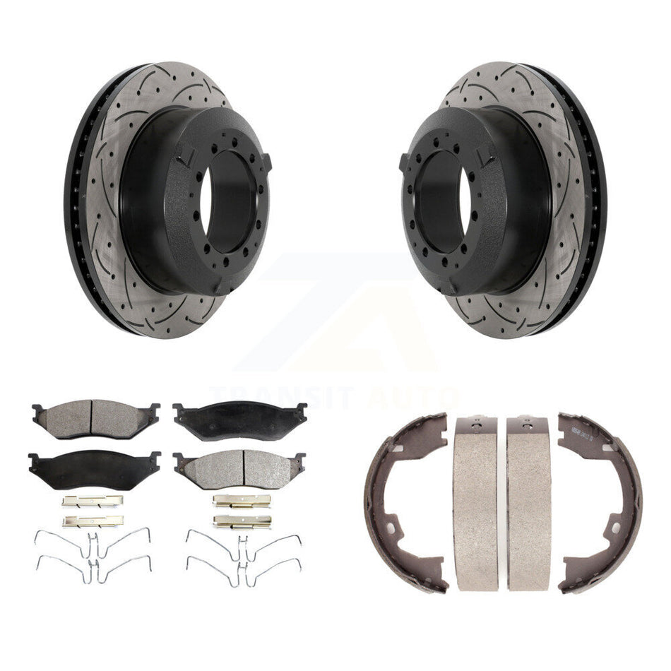 Rear Disc Drilled & Slotted Rotors Semi-Metallic Pads Parking Shoes Kit For Ford F-450 IC KDF-101510