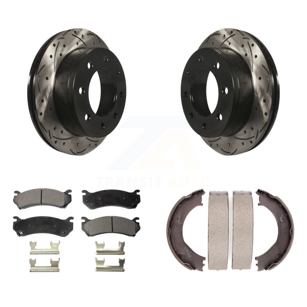 Rear Disc Drilled & Slotted Rotors Semi-Metallic Pads Parking Shoes Kit For Chevrolet HD KDF-101515