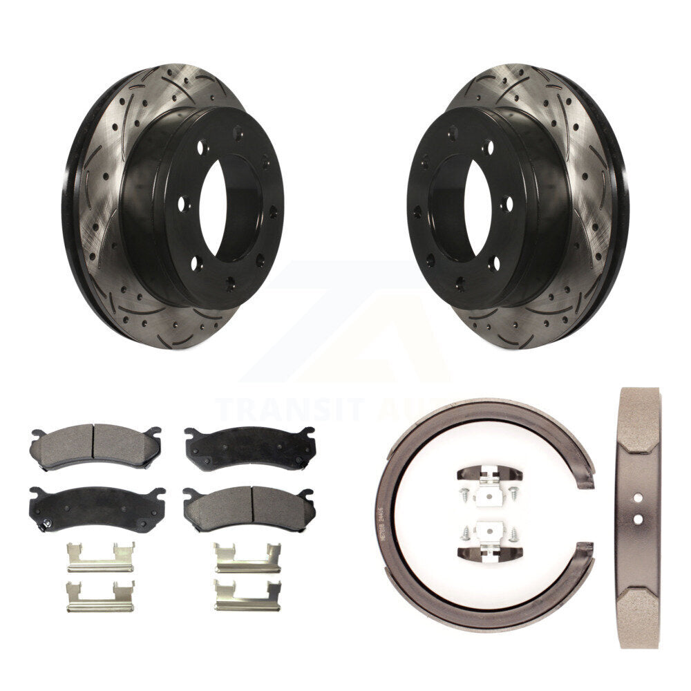 Rear Disc Drilled & Slotted Rotors Semi-Metallic Pads Parking Shoes Kit For GMC Chevrolet KDF-101516