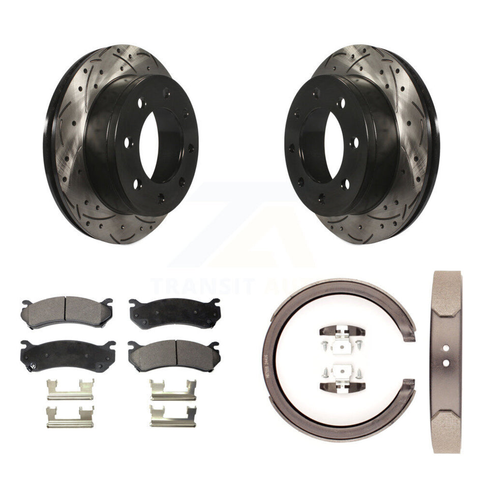 Rear Disc Drilled & Slotted Rotors Semi-Metallic Pads Parking Shoes Kit For GMC Chevrolet KDF-101516