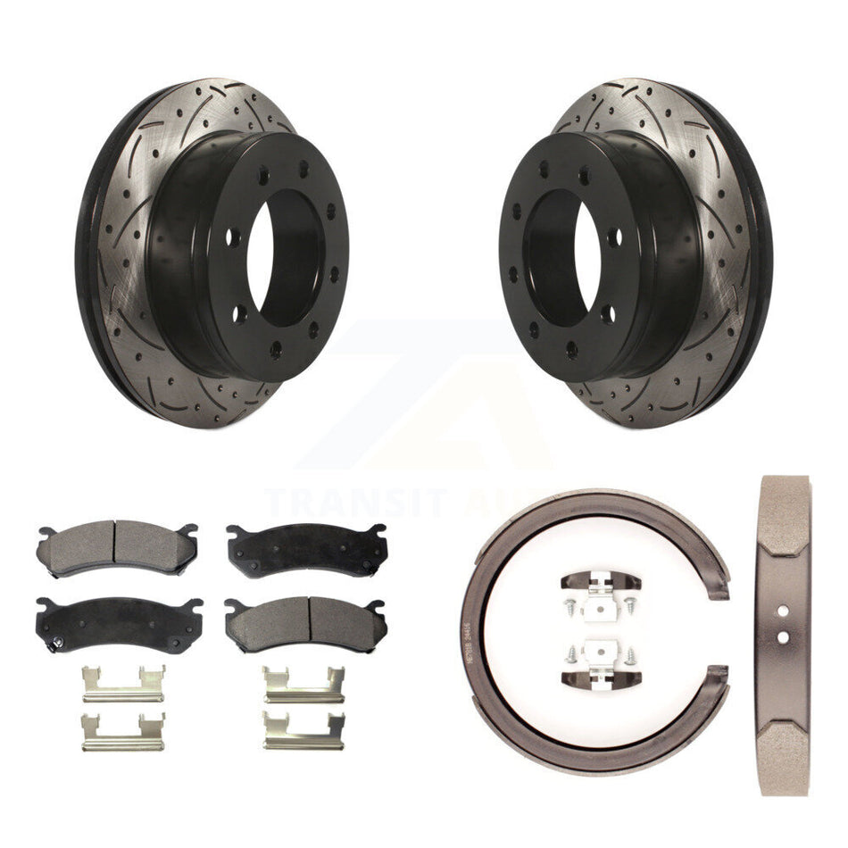 Rear Disc Drilled & Slotted Rotors Semi-Metallic Pads Parking Shoes Kit For GMC Sierra XL KDF-101517