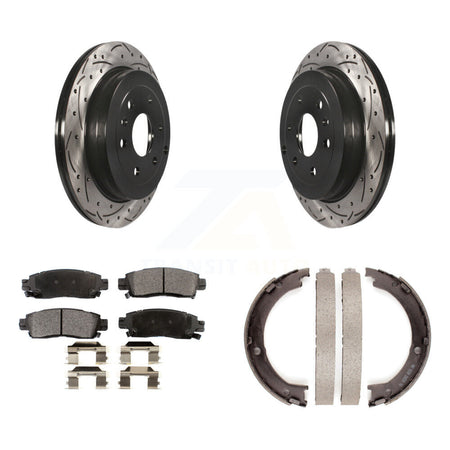 Rear Disc Drilled & Slotted Rotors Semi-Metallic Pads Parking Shoes Kit For GMC Acadia KDF-101519