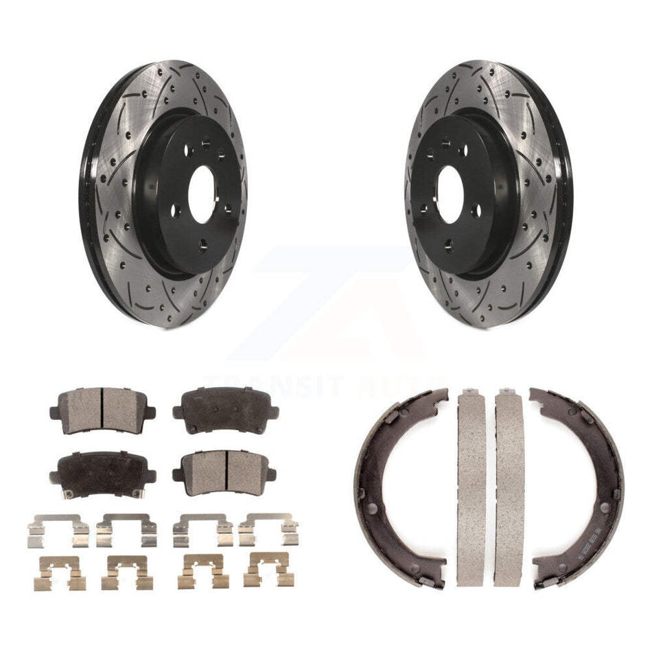 Rear Disc Drilled & Slotted Rotors Semi-Metallic Pads Parking Shoes Kit For Cadillac XTS KDF-101520