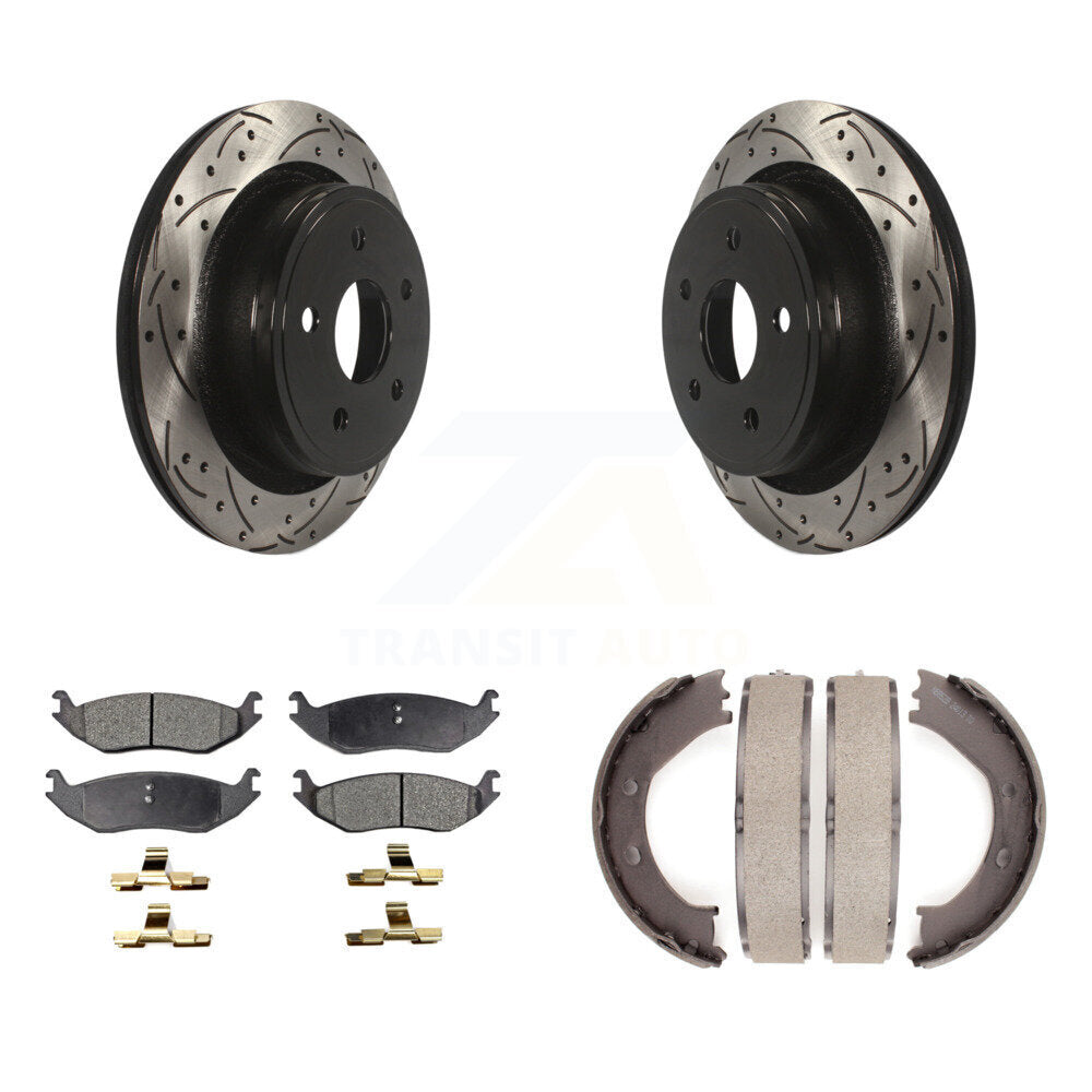 Rear Disc Drilled & Slotted Rotors Semi-Metallic Pads And Parking Shoes Kit For Dodge Ram KDF-101522