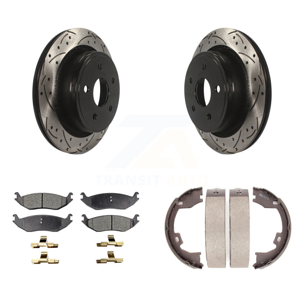 Rear Disc Drilled & Slotted Rotors Semi-Metallic Pads And Parking Brake Shoes Kit For KDF-101523