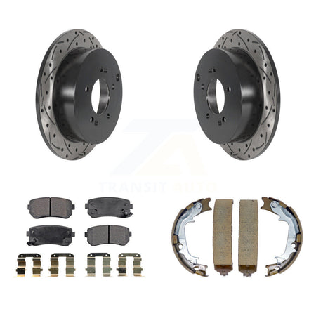 Rear Disc Drilled & Slotted Rotors Semi-Metallic Pads Parking Shoes Kit For Hyundai Kia KDF-101524