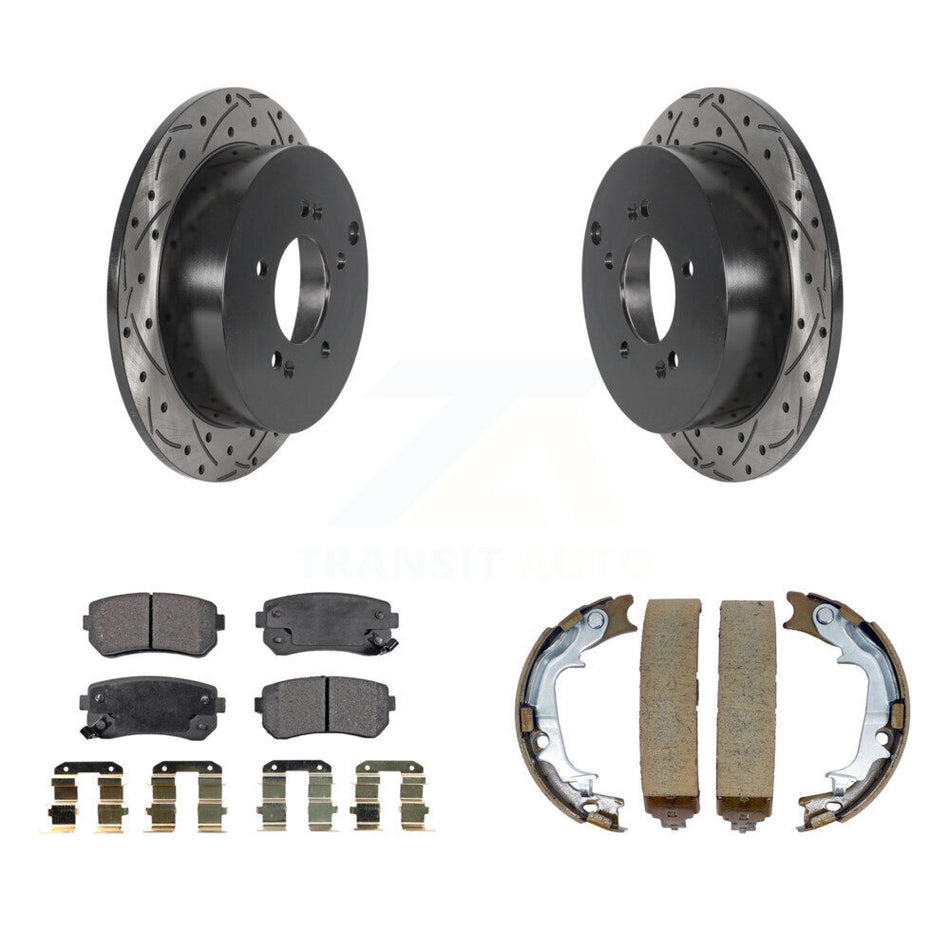 Rear Disc Drilled & Slotted Rotors Semi-Metallic Pads Parking Shoes Kit For Hyundai Kia KDF-101524
