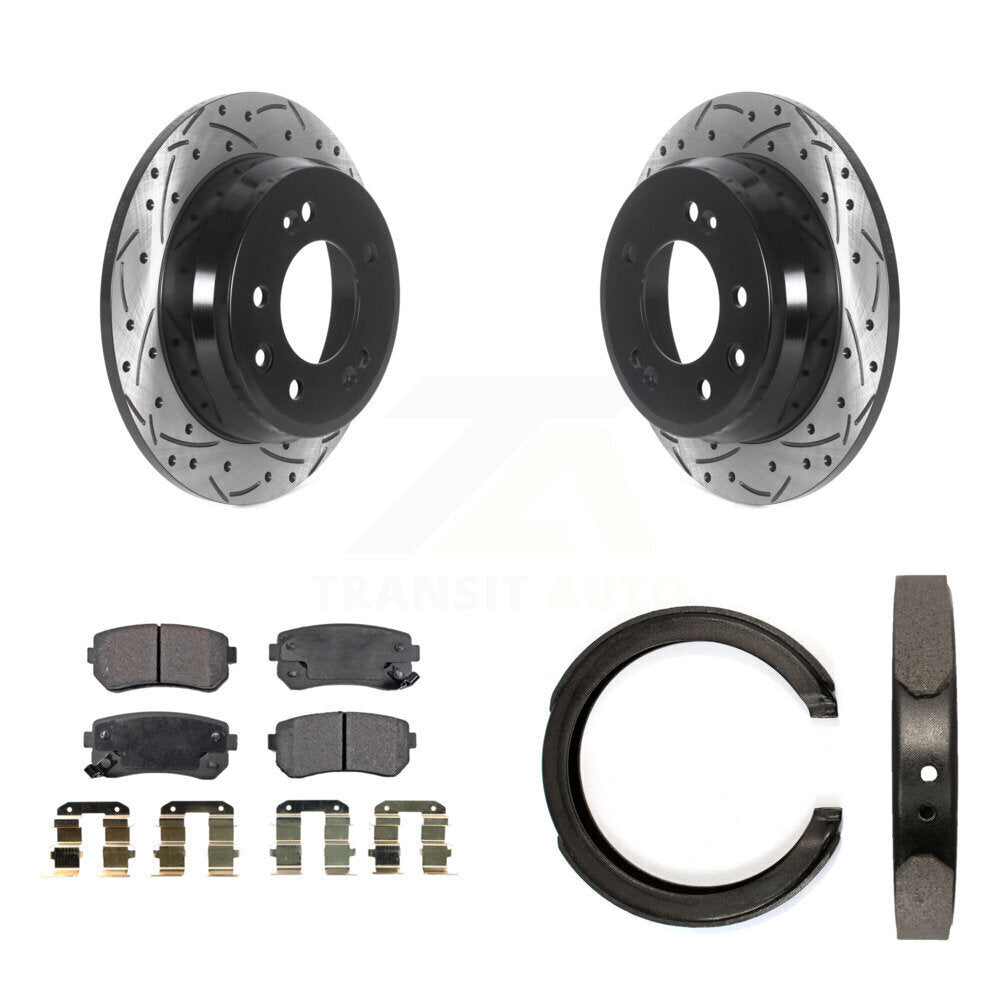Rear Disc Drilled & Slotted Rotors Semi-Metallic Pads Parking Shoes Kit For Kia Sportage KDF-101525