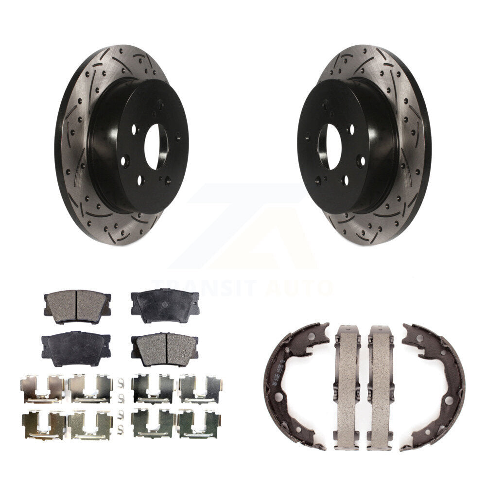 Rear Disc Drilled & Slotted Rotors Semi-Metallic Pads Parking Shoes Kit For Toyota RAV4 KDF-101528