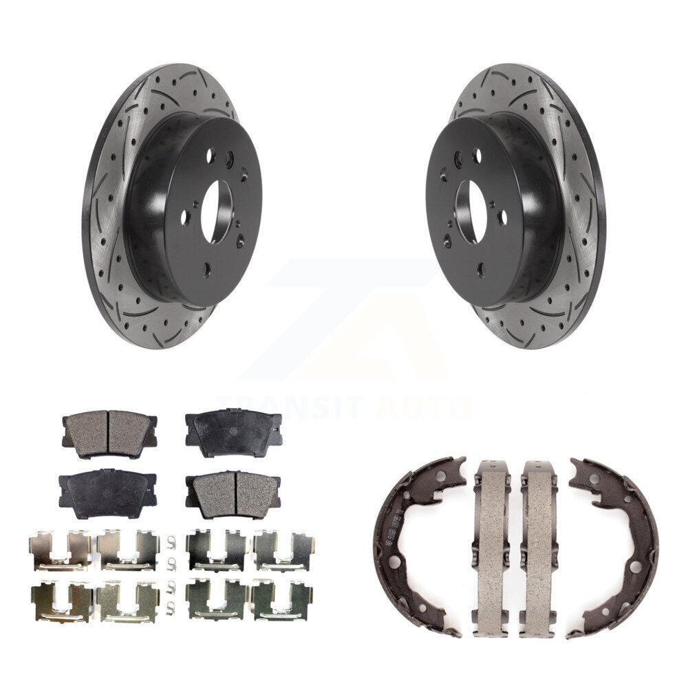 Rear Disc Drilled & Slotted Rotors Semi-Metallic Pads Parking Shoes Kit For Toyota Camry KDF-101530