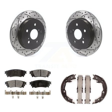 Rear Disc Drilled & Slotted Rotors Semi-Metallic Pads Parking Shoes Kit For Toyota Camry KDF-101531