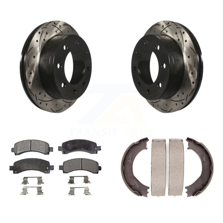 Rear Disc Drilled & Slotted Rotors Semi-Metallic Pads Parking Shoes Kit For Chevrolet GMC KDF-101535