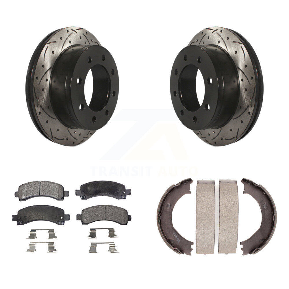 Rear Disc Drilled & Slotted Rotors Semi-Metallic Pads Parking Shoes Kit For Chevrolet GMC KDF-101536