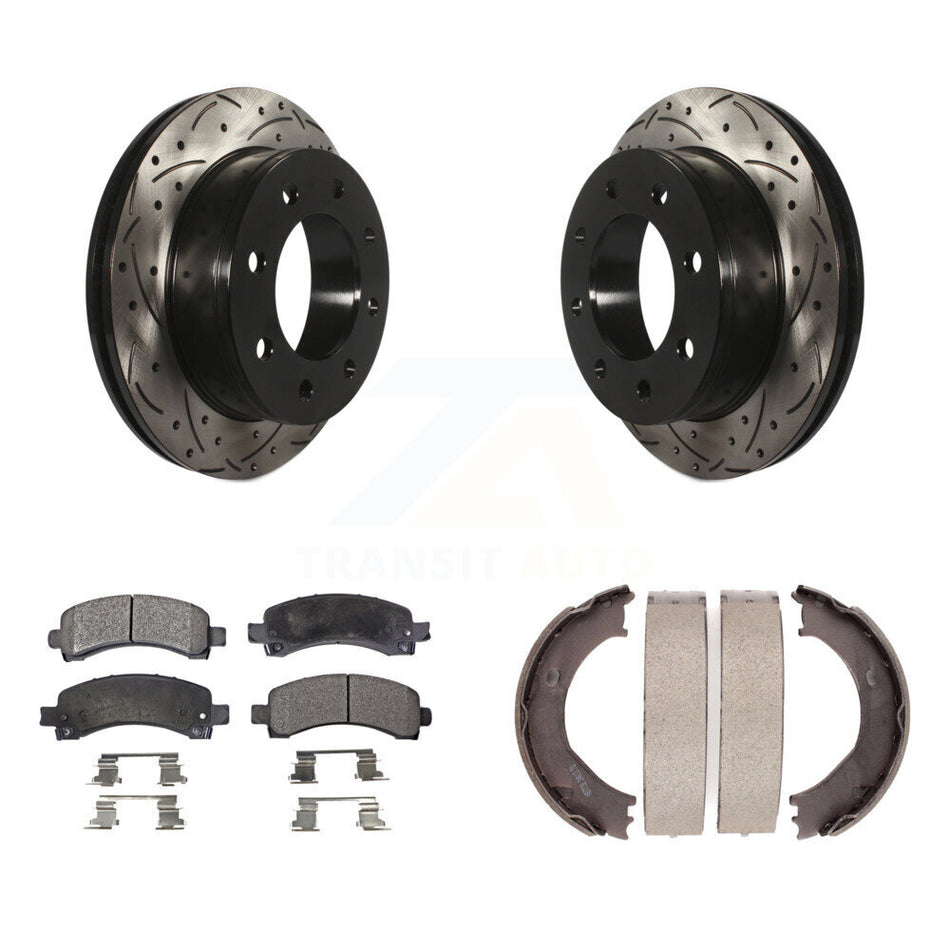 Rear Disc Drilled & Slotted Rotors Semi-Metallic Pads Parking Shoes Kit For Chevrolet GMC KDF-101537