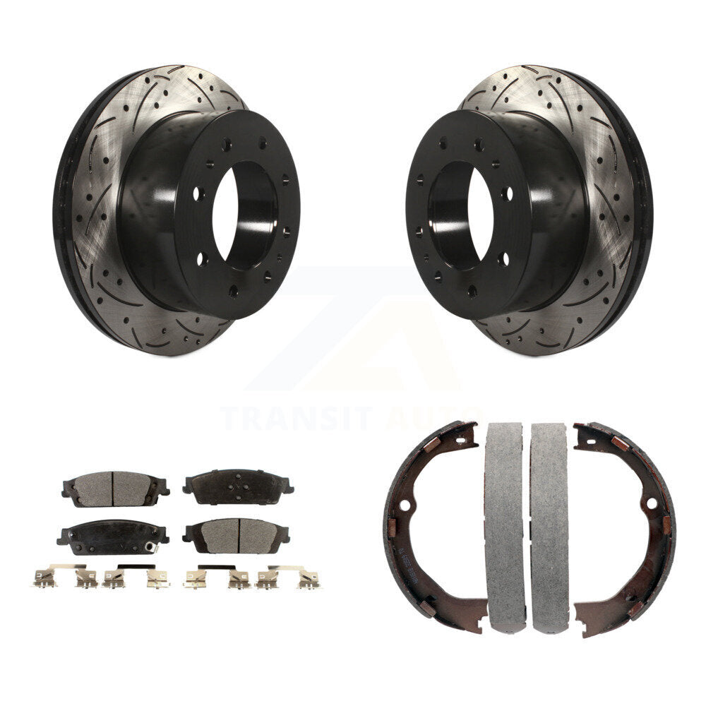 Rear Disc Drilled & Slotted Rotors Semi-Metallic Pads And Parking Brake Shoes Kit For KDF-101539