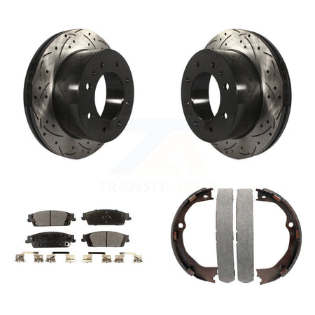 Rear Disc Drilled & Slotted Rotors Semi-Metallic Pads And Parking Brake Shoes Kit For KDF-101539
