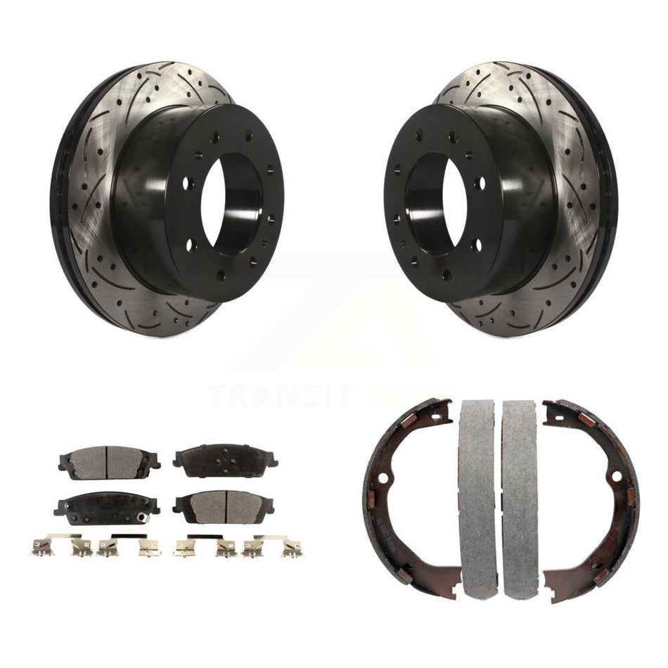Rear Disc Drilled & Slotted Rotors Semi-Metallic Pads And Parking Brake Shoes Kit For KDF-101539