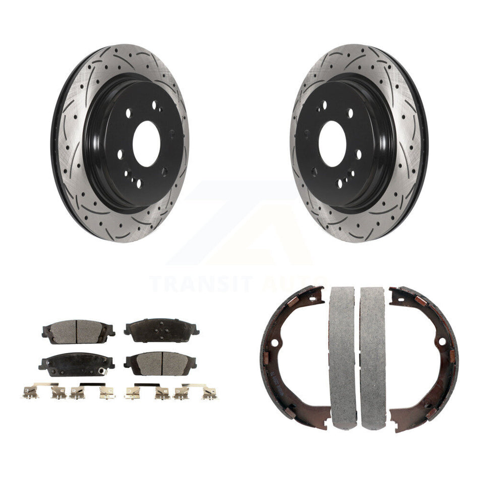 Rear Disc Drilled & Slotted Rotors Semi-Metallic Pads Parking Shoes Kit For Chevrolet LD KDF-101540