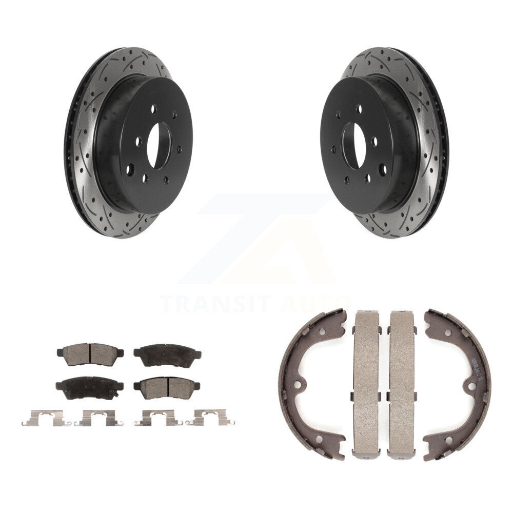 Rear Disc Drilled & Slotted Rotors Semi-Metallic Pads Parking Shoes Kit For Nissan Xterra KDF-101542