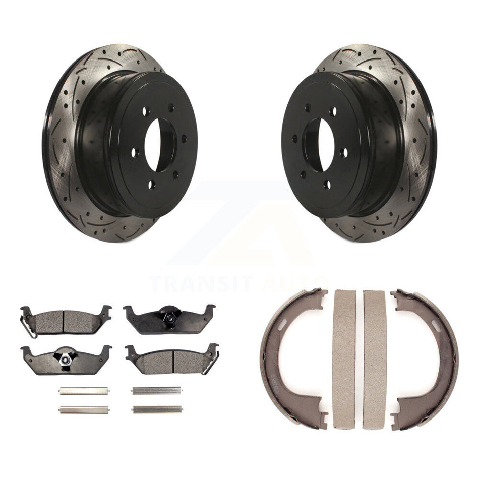 Rear Disc Drilled & Slotted Rotors Semi-Metallic Pads Parking Shoes Kit For Ford F-150 LT KDF-101545