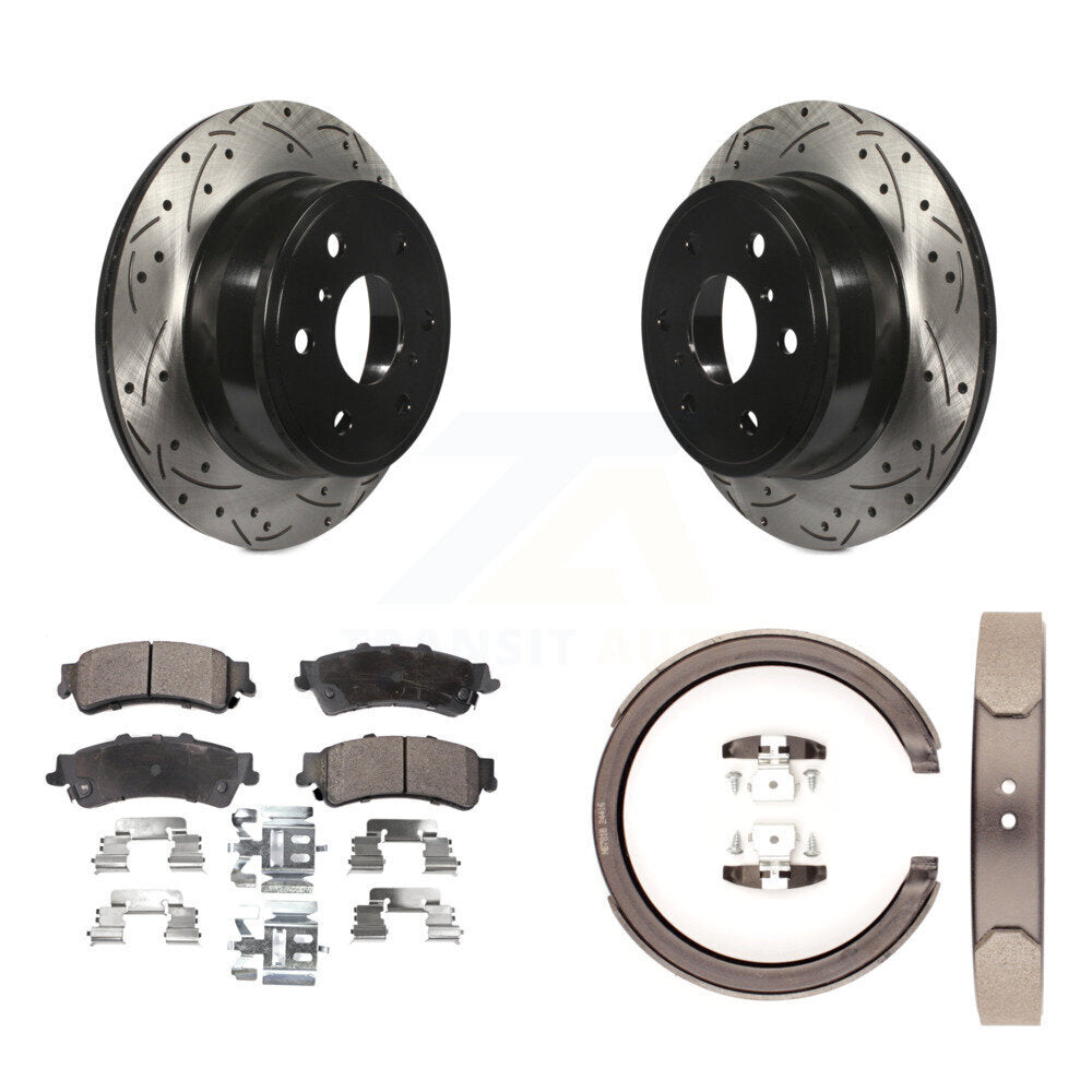 Rear Disc Drilled & Slotted Rotors Semi-Metallic Pads And Parking Brake Shoes Kit For KDF-101549