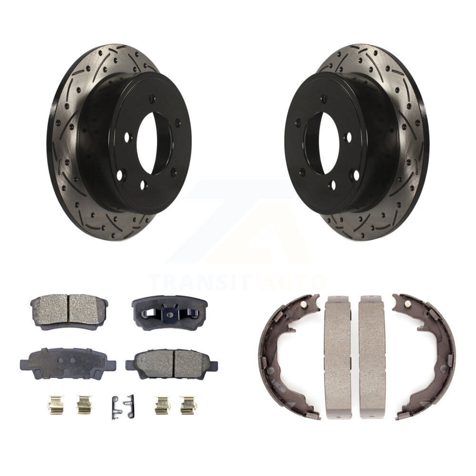 Rear Disc Drilled & Slotted Rotors Semi-Metallic Pads Parking Shoes Kit For Jeep Patriot KDF-101552