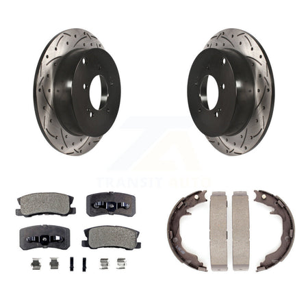 Rear Disc Drilled & Slotted Rotors Semi-Metallic Pads And Parking Brake Shoes Kit For KDF-101554
