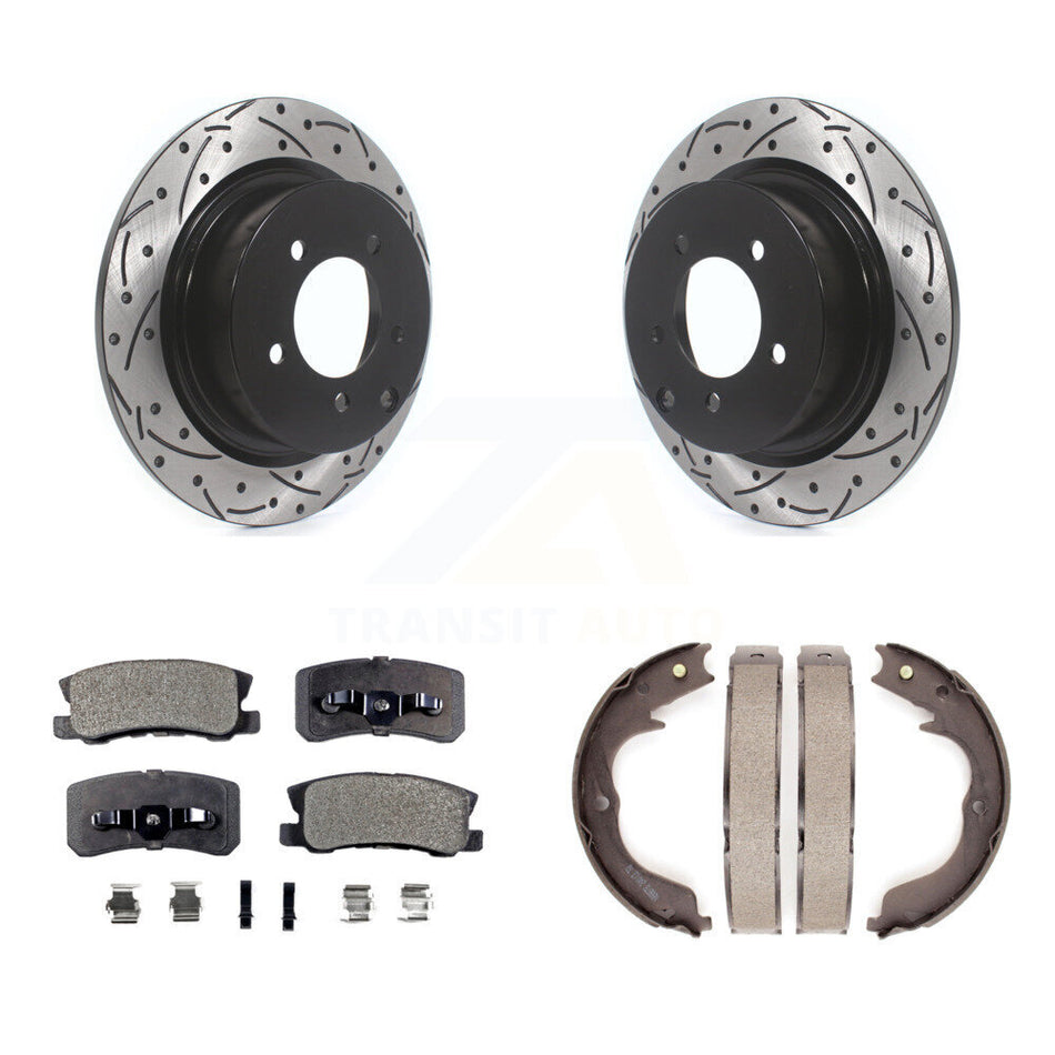 Rear Disc Drilled & Slotted Rotors Semi-Metallic Pads And Parking Brake Shoes Kit For KDF-101555